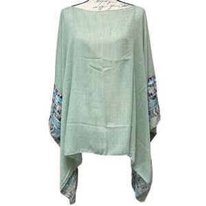 COVE Women's Lightweight Poncho Embroidered Cotton Blend One Size Green NEW